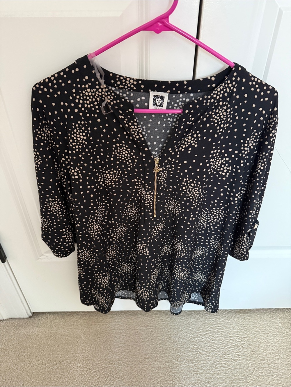 Anne Klein Black Tunic with Cream Dot Print & Gold Zip